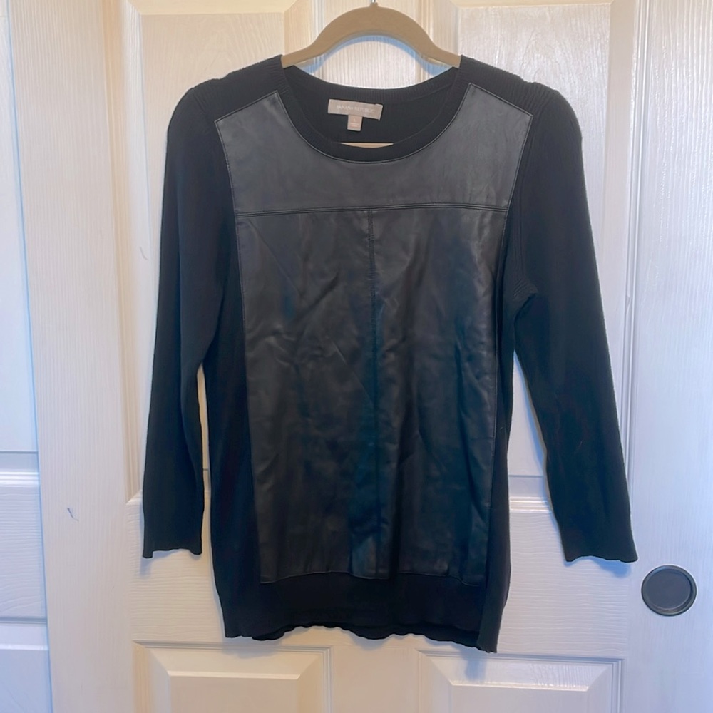 Lucky Brand Mixed Material Sweater Faux Leather Front Black Crew Neck